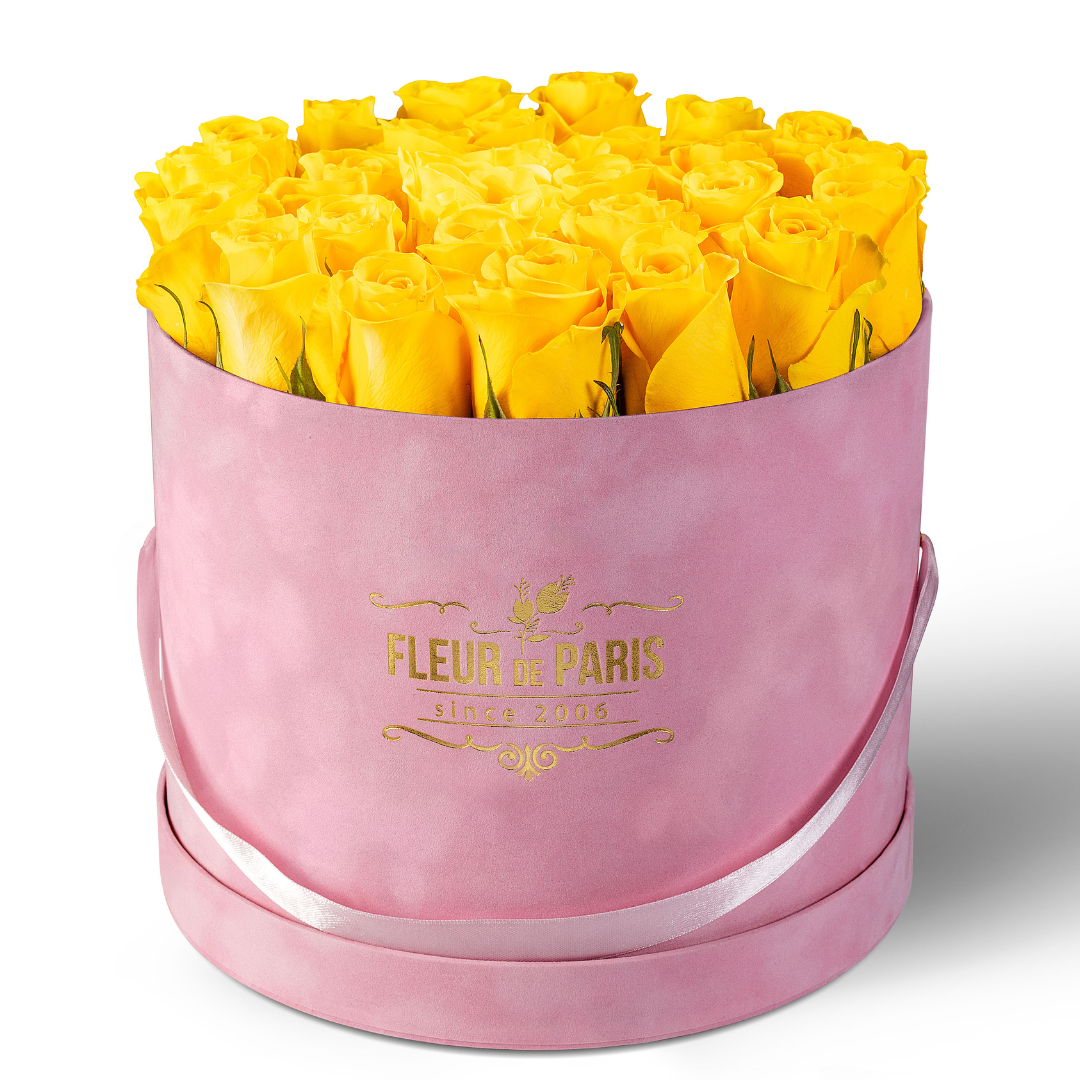 Caixa Premium de Veludo Rosa | Rosas Frescas Amarelas