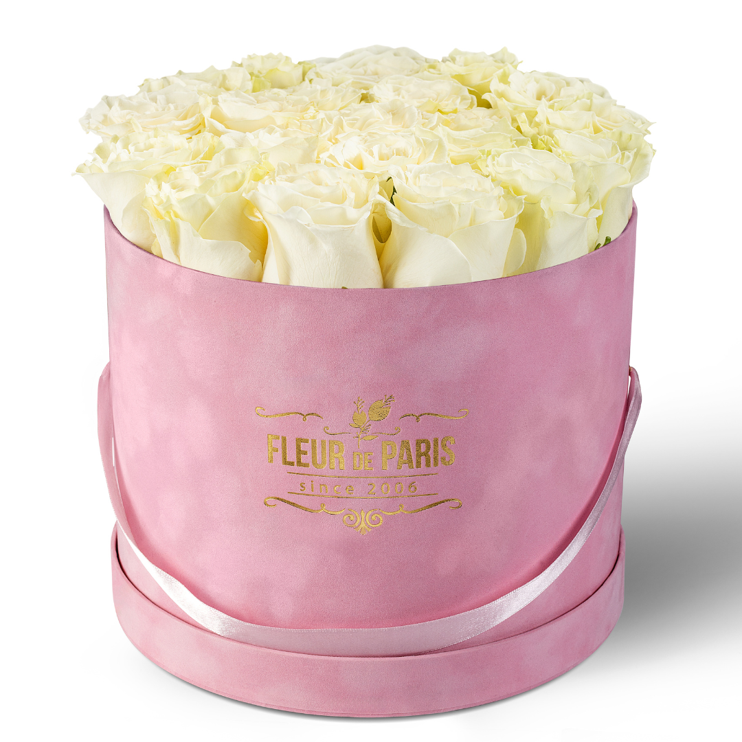 Caixa Premium de Veludo Rosa | Rosas Frescas Brancas