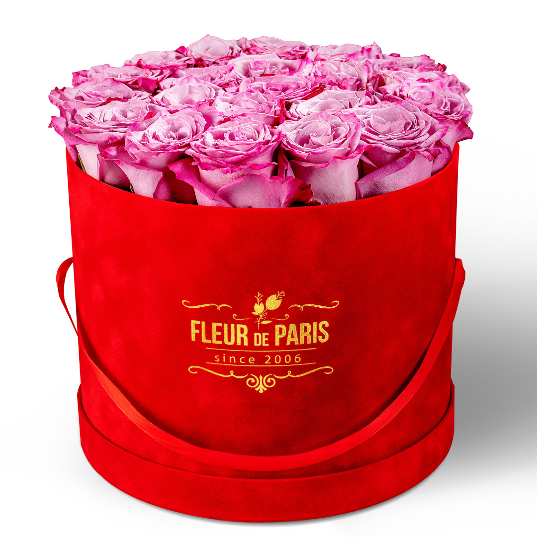 Caixa Premium de Veludo Vermelha | Rosas Frescas Rosa Lilás