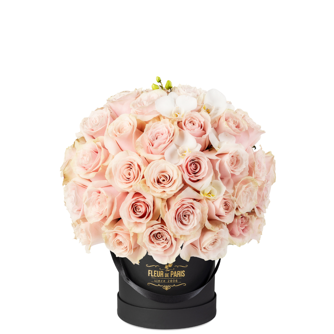 Caixa Premium Preta | 50 Rosas Cor-de-rosa