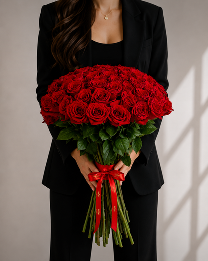 Bouquet Paixão – 50 Rosas Premium Equatorianas Vermelhas