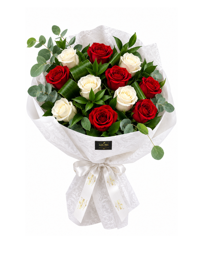 Luxo Bouquet Anne – Bouquet de 13 Rosas Premium Frescas Brancas e Vermelhas