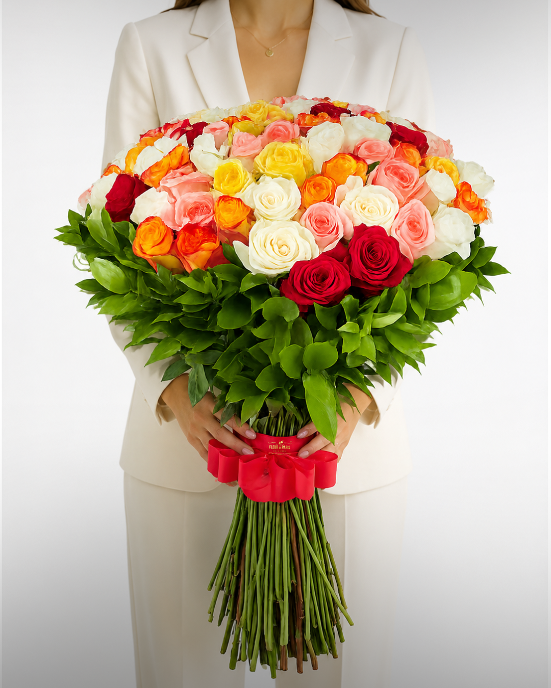 Bouquet Harmonia Majestosa – 100 Rosas Premium Frescas Coloridas