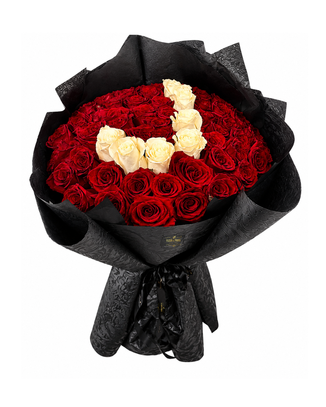 Bouquet Signature – 50 Rosas Premium Vermelhas e Brancas com Letra Personalizada