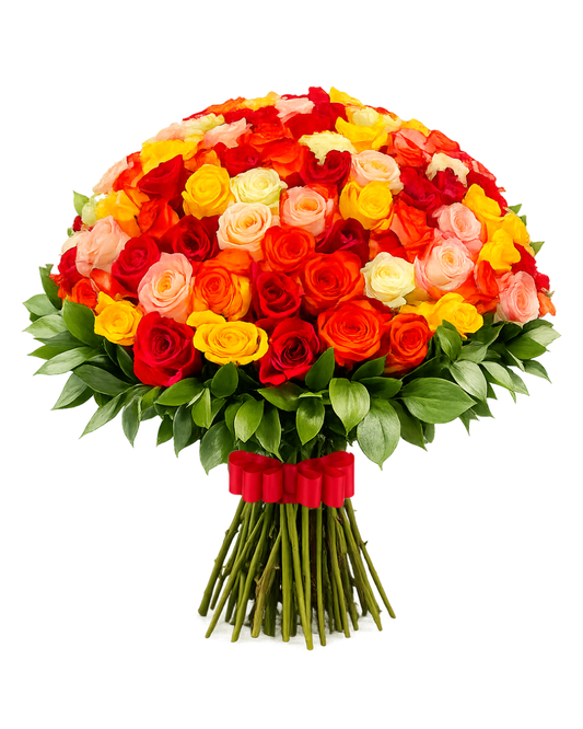 Bouquet Sinfonia Majestosa – 100 Rosas Premium Equatorianas Coloridas