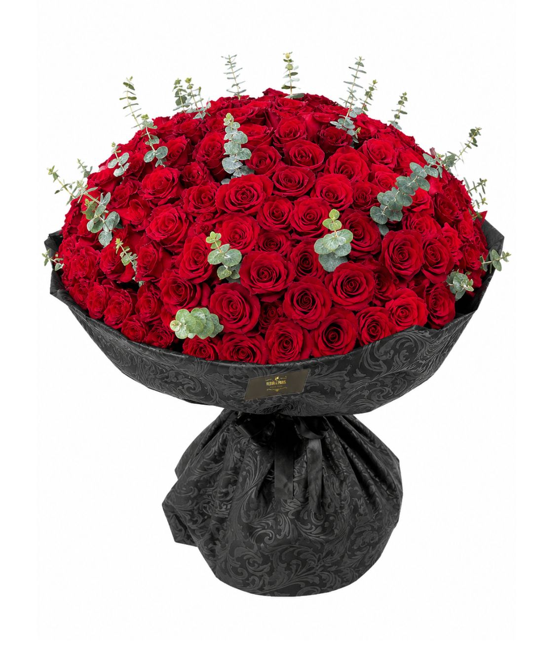 Bouquet Romance Imperial – 200 Rosas Premium Equatorianas Vermelhas com Eucalipto