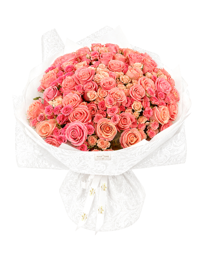 Bouquet Doçura Imperial – 100 Rosas Premium Equatorianas e Rosas Ramificadas Cor-de-Rosa