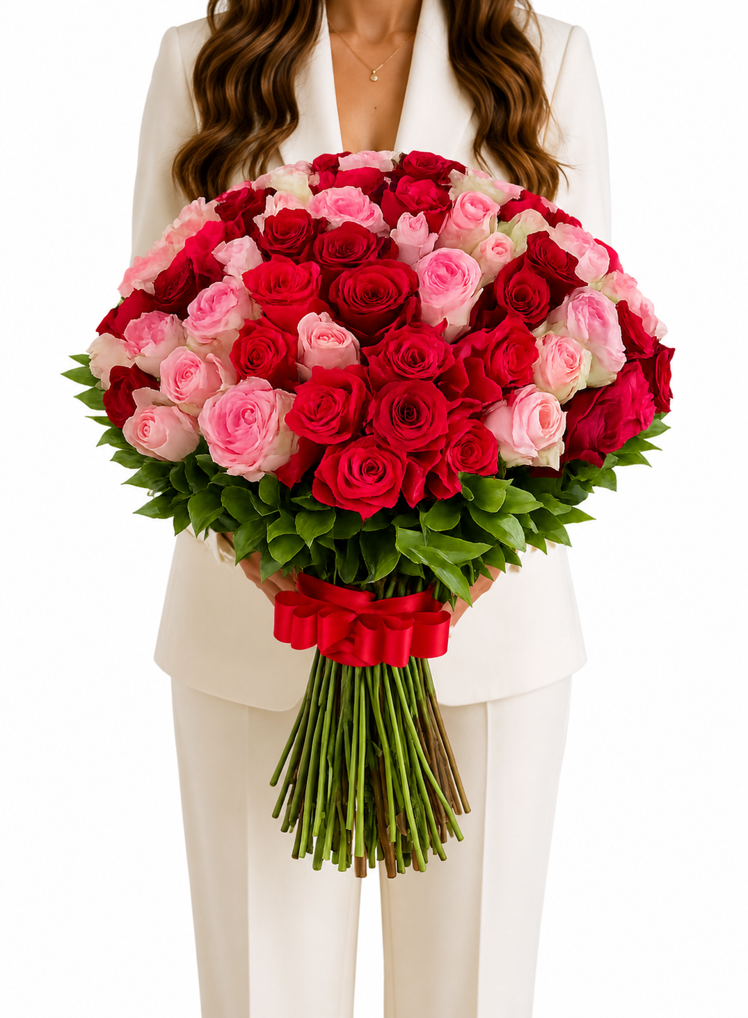 Bouquet Sonho Majestoso – 100 Rosas Premium Frescas Coloridas e Vermelha