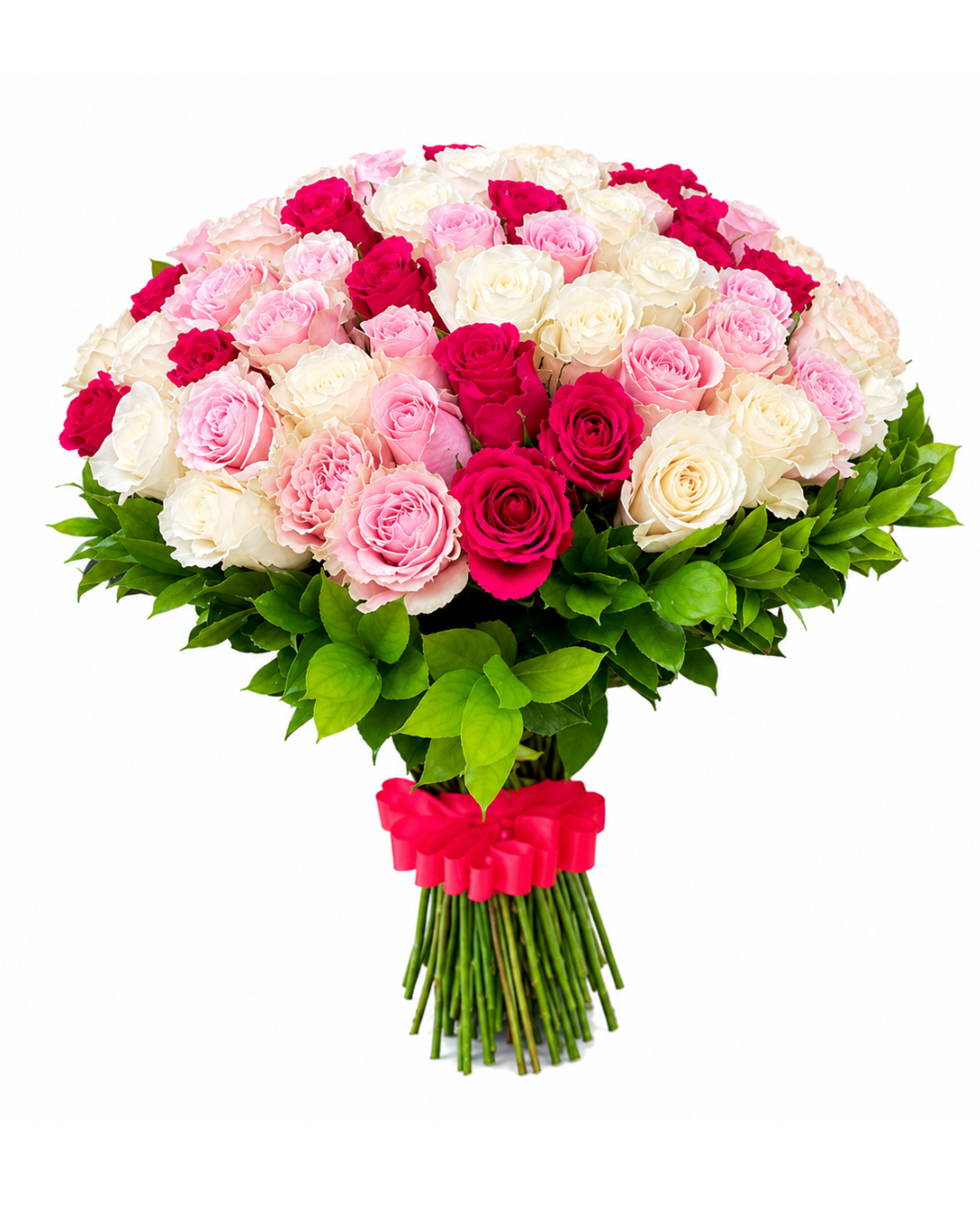 Bouquet Paixão Majestosa – 100 Rosas Premium Frescas Cor-de-Rosa e Brancas