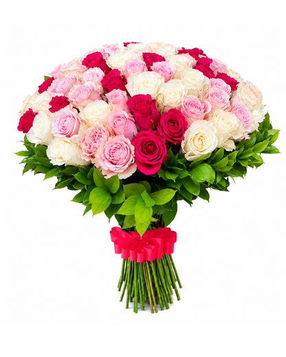 Bouquet Paixão Majestosa – 100 Rosas Premium Frescas Cor-de-Rosa e Brancas
