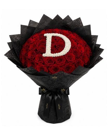 Bouquet Initial Supreme – 100 Rosas Premium Equatorianas Vermelhas Personalizado