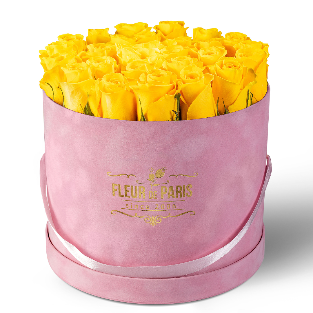 Premium Pink Velvet Box | Fresh Yellow Roses 