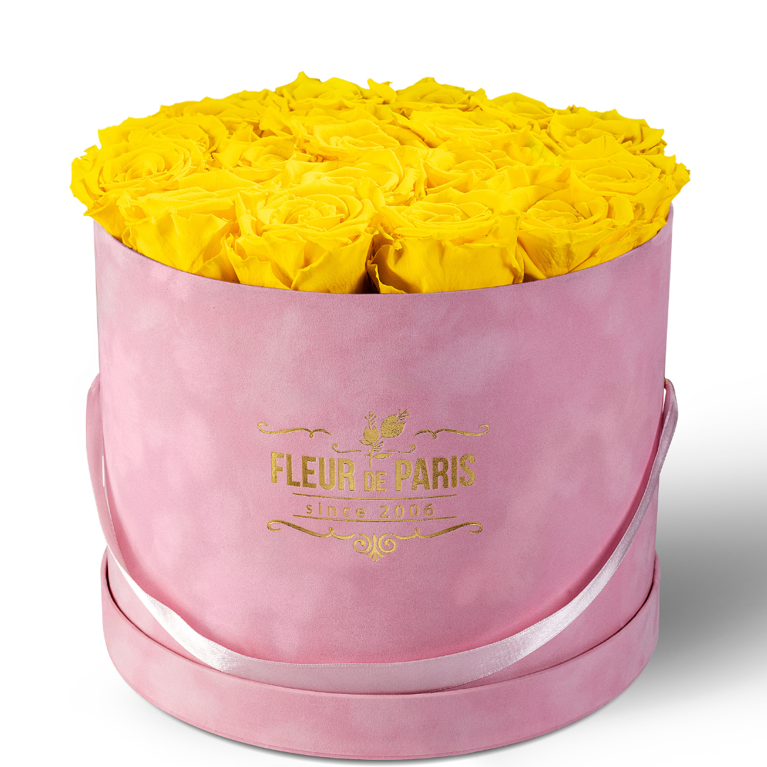 Caixa Premium de Veludo Rosa | Rosas Infinity Amarelas