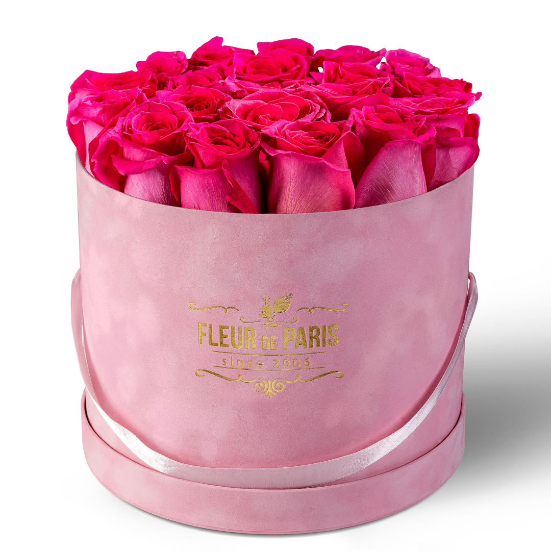 Caixa Premium de Veludo Rosa | Rosas Frescas Fúchsia